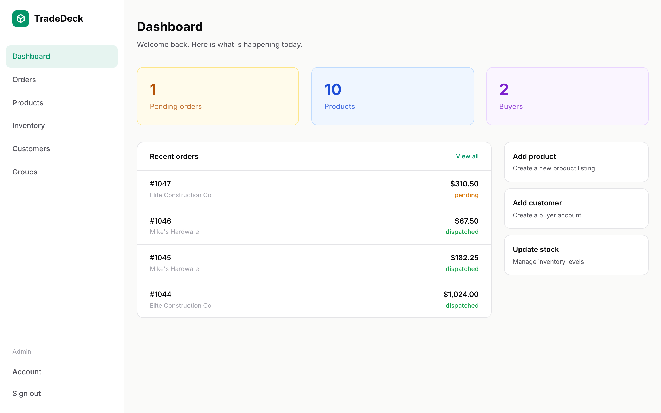 TradeDeck seller dashboard