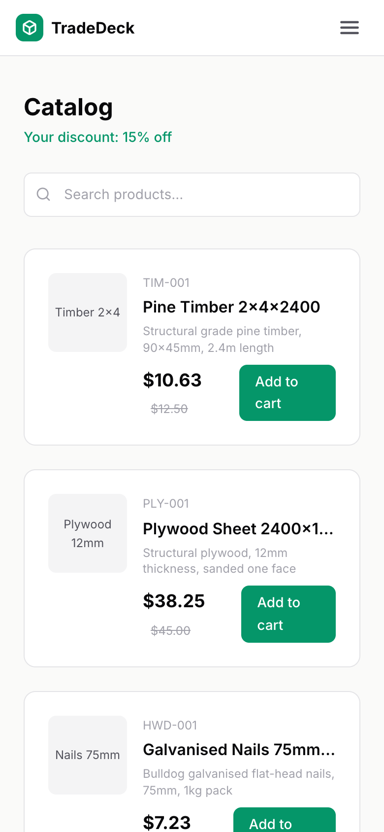 TradeDeck buyer catalogue on mobile
